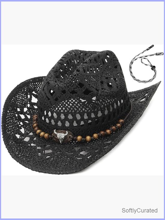 Straw Cowgirl Hat with Chin Strap Wide Brim Hollow Out Packable Sun Hat main image 7